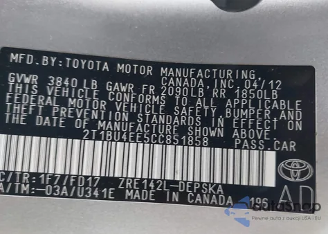 2012 Toyota Corolla S from USA, damaged, VIN 2T1BU4EE5CC851858